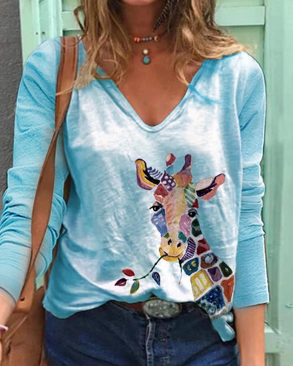Women Colorflul Animal Print V Neck Long Sleeve T-Shirts