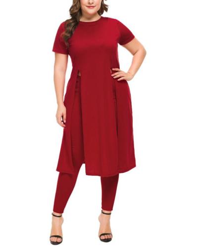Plus Size Long Sleeve Mid-Length Round Neck Two Piece Sets