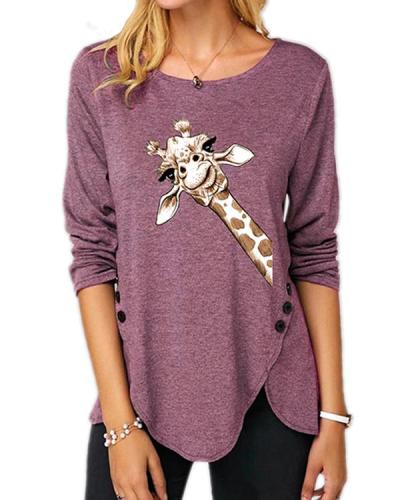 Plus Size Long Sleeve Casual Giraffe Print Round Neck Tunic Top Blouse T-Shirt