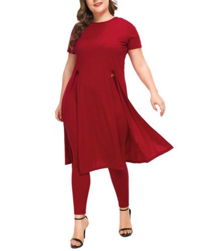 Plus Size Long Sleeve Mid-Length Round Neck Two Piece Sets