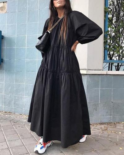 Solid Holiday Loose Pleated Crew Neck A-Line Maxi Dress