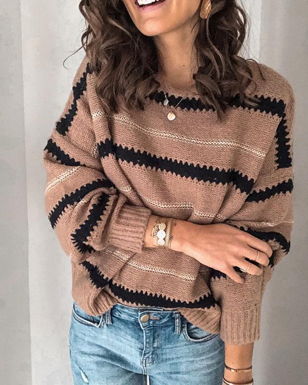 Stripe Leisure Long Sleeve Sweater Coat Round Collar Tops