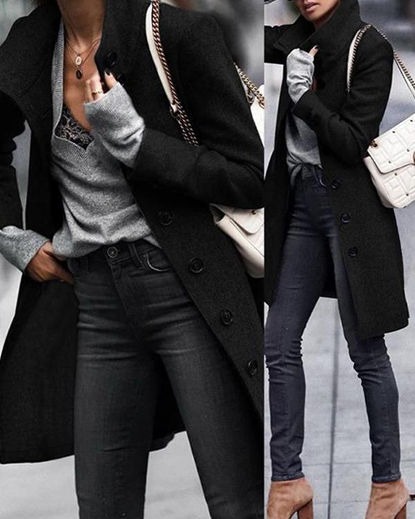 Fashion Solid Color Button Long Sleeve Woolen Jacket
