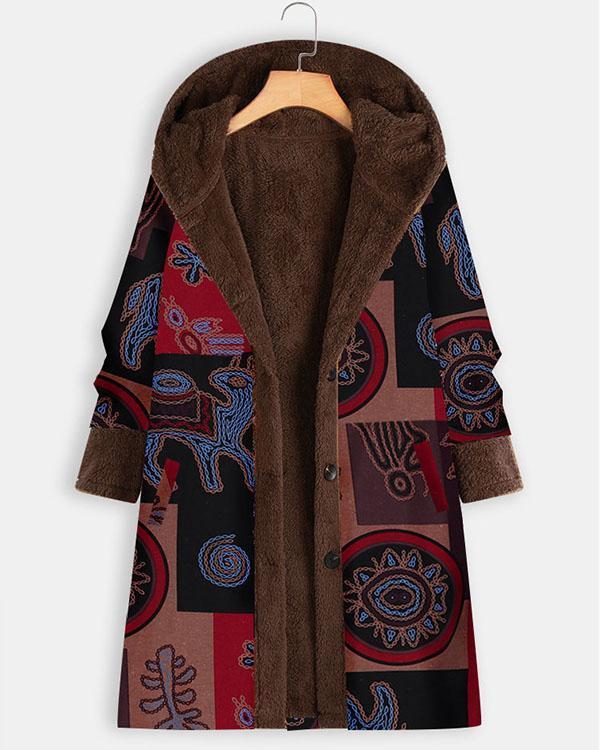Vintage Print Fleece Hooded Winter Plus Size Long Coat