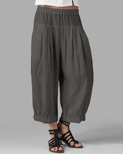 Casual Women Solid Cotton Elastic Waist Pants