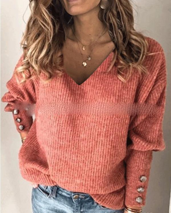 Solid Knit V-neck Loose Long Sleeve Sweater