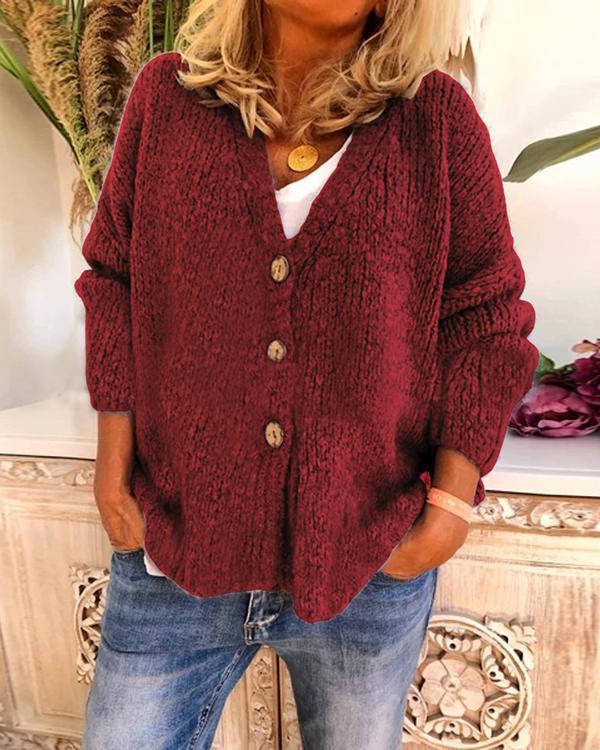 V-Neckline Solid Casual Loose Buttons Sweaters