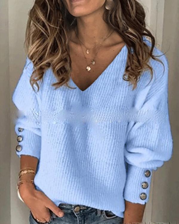Solid Knit V-neck Loose Long Sleeve Sweater