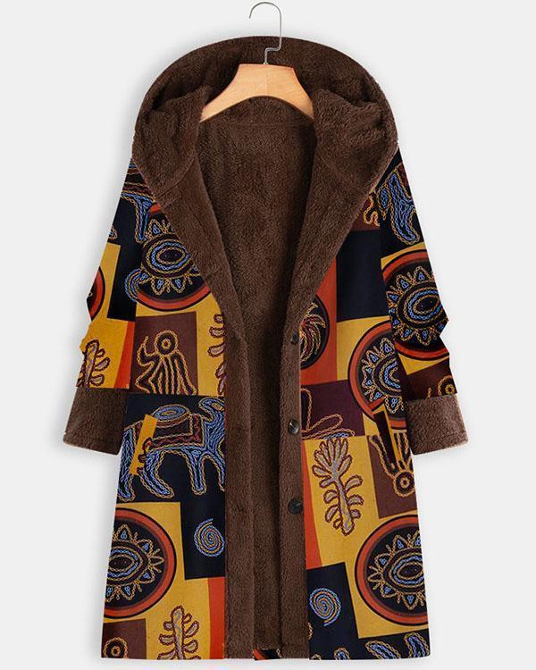 Vintage Print Fleece Hooded Winter Plus Size Long Coat