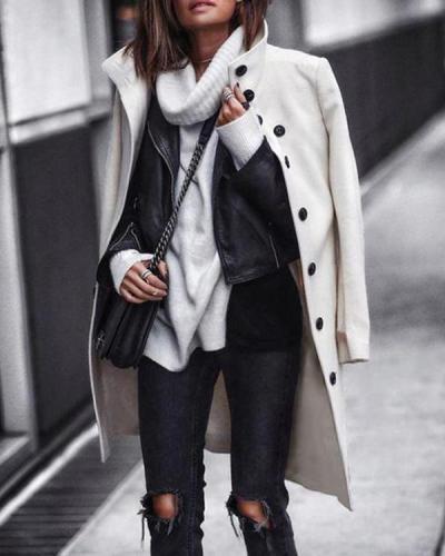 Fashion Solid Color Button Long Sleeve Woolen Jacket