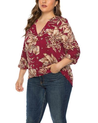 Plus Size Printed Floral Long Sleeve Blouse