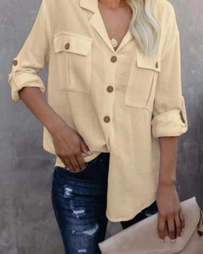 Casual Solid Buttons Down Lapel Collar Side Pockets Blouse