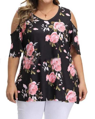 Plus Size Round Neck Print Off-shoulder Tunic Top