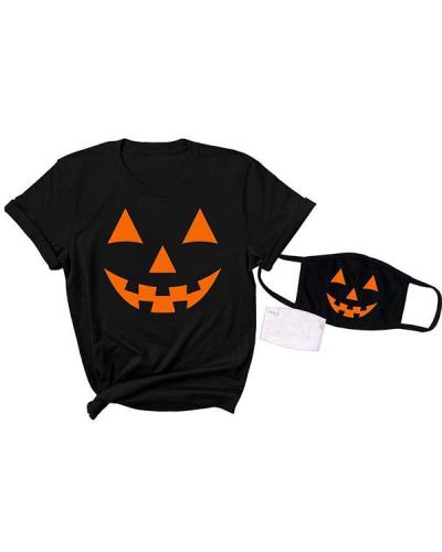 Women Plus Size 3PC Halloween Print Short Sleeve T-Shirts with Mask