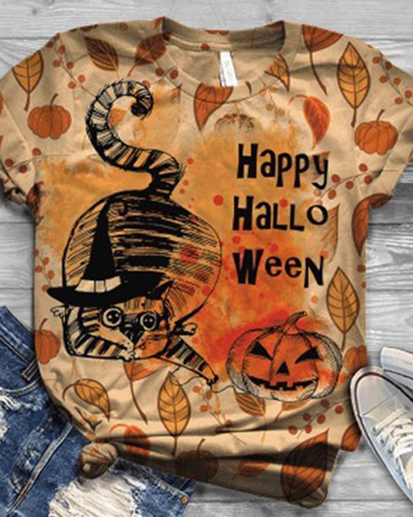 Women 5 Pattern Type Halloween Cat&Pumpkin Short Sleeve T-Shirts