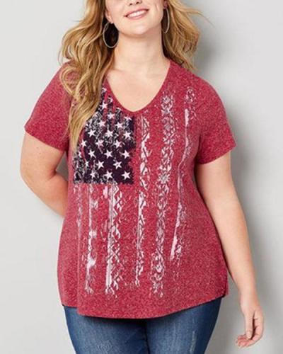 Casual Plus Size V Neck Summer Printed Top