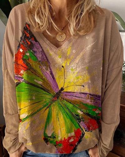 Women's Plus Size Casual Butterfly Flower Blouses Long Sleeve Tops