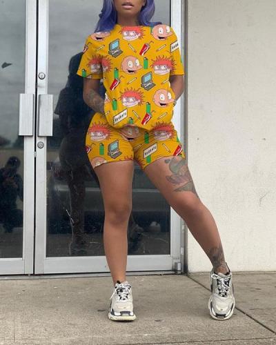 Cartoon Print Shorts Casual Home Two-piece Suit