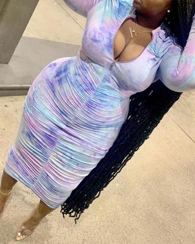 Plus Size Tie Dye Color Tapered Pleated Long Sleeve Dress