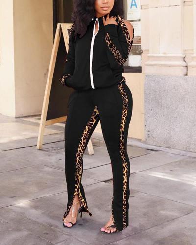 Trendy Zipper Design Patchwork Black Plus Size Two-piece Pants Set