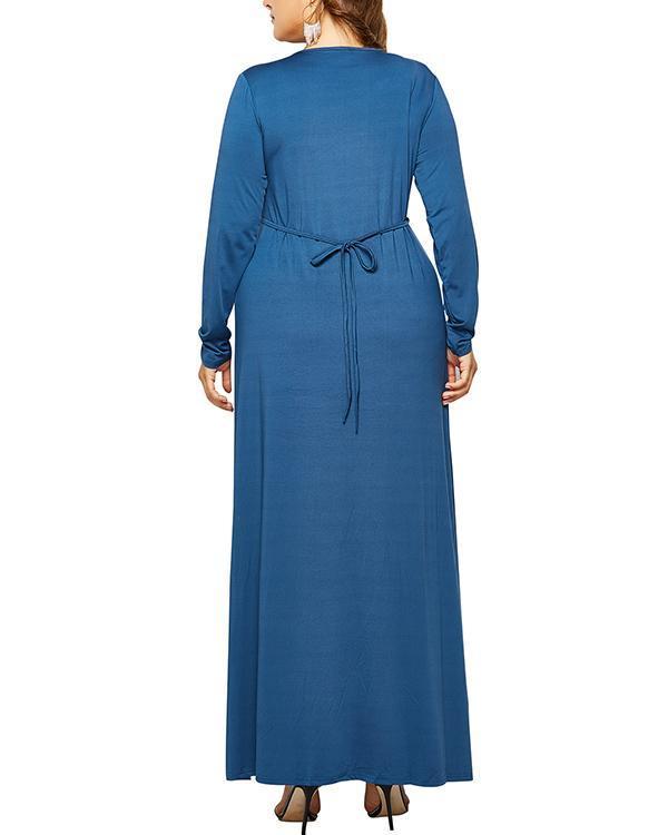 Long Sleeve Stitching Plus Size Deep V-neck Dress