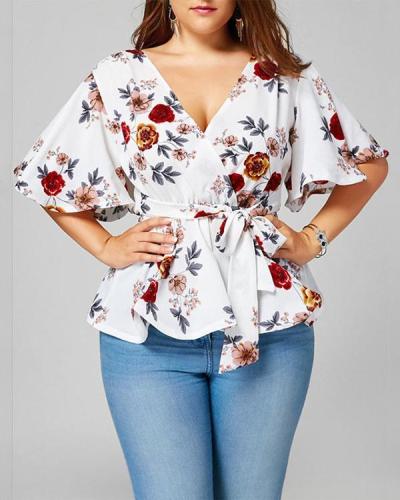 Floral Lace Flared Sleeve Chiffon Shirt Tops