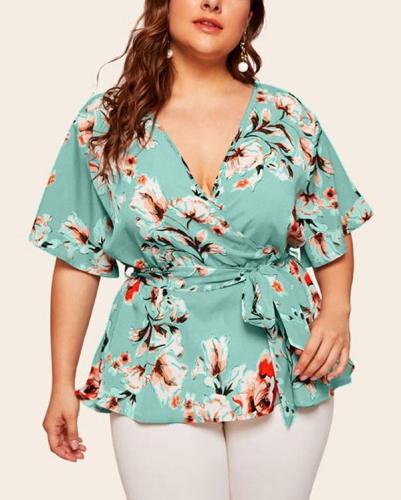 Plus Size V-neck Short-Sleeved Printed Waist-tied Loose Chiffon Top