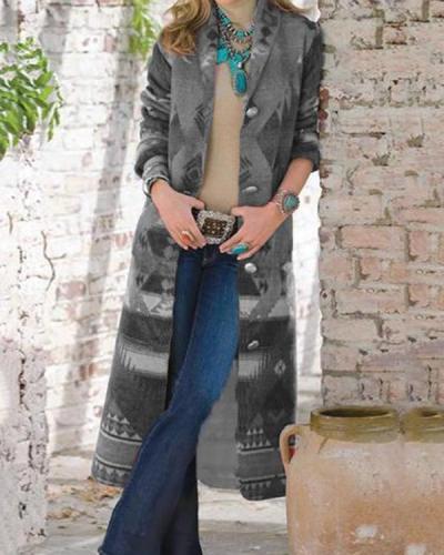 Vintage Geometric Jacquard Buttons Down Lapel Collar Coat