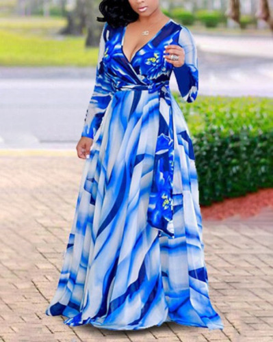 Plus Size Print Long Sleeves Maxi Vacation Dress