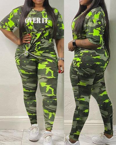 Plus Size Long Sleeve Camouflage Knotted Top & Shorts