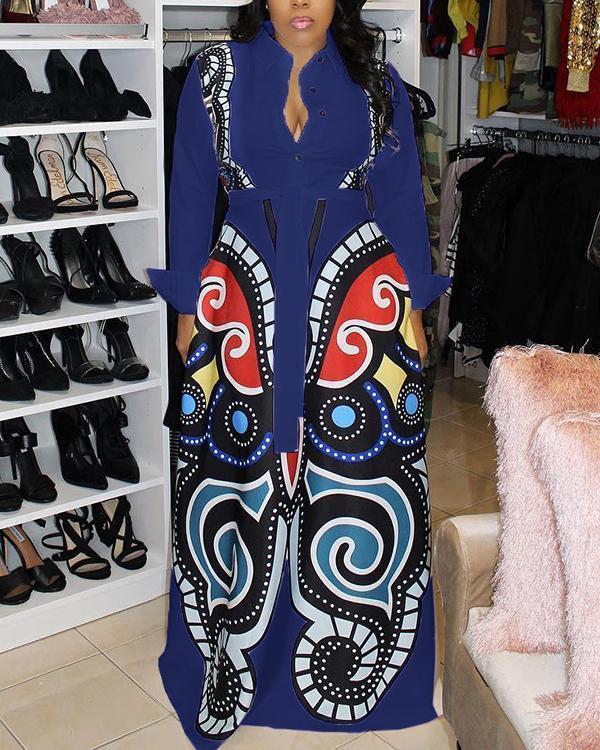 Printed Button Up Long Sleeve Maxi Dress