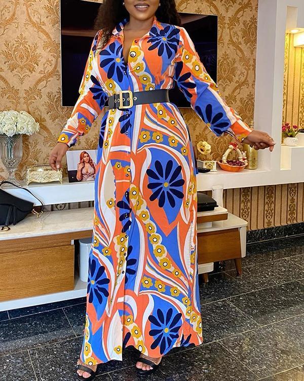 Plus Size Printed Lapel Long-sleeved Dress African Dress with Belt