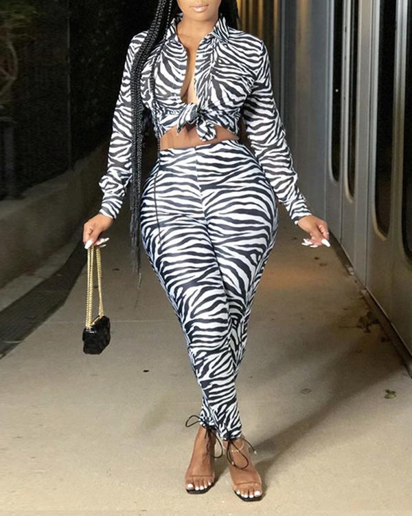 Stylish Leopard Long Sleeve Two Piece Pants Set