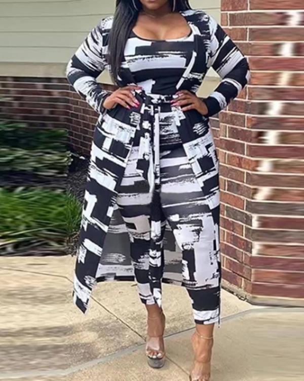 Casual Printed High Waist Pants With Long Coat
