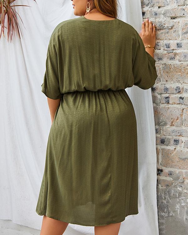 Plus Size V-neck Solid Color Sleeve Dress