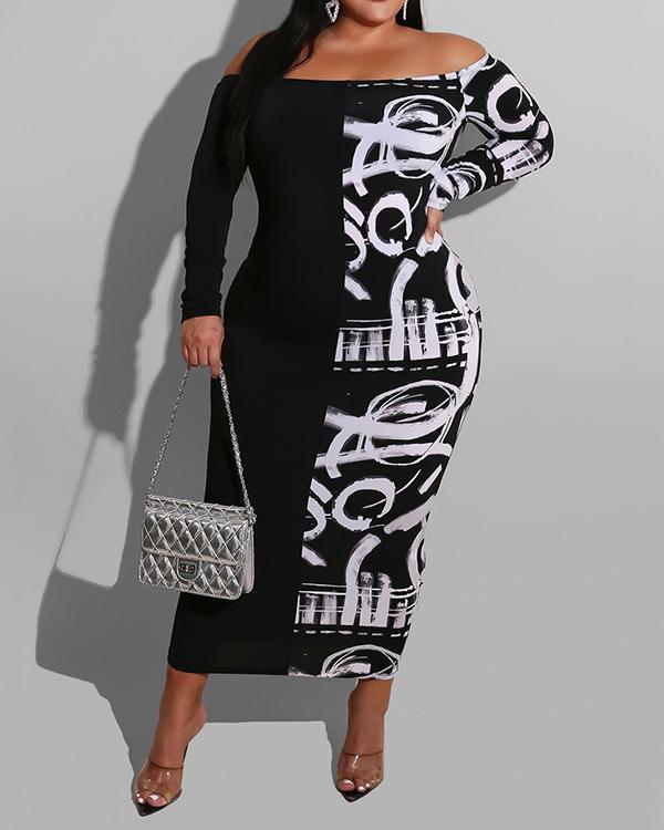 Long Sleeve Mid-Calf Color Block Patchwork Women's Dress