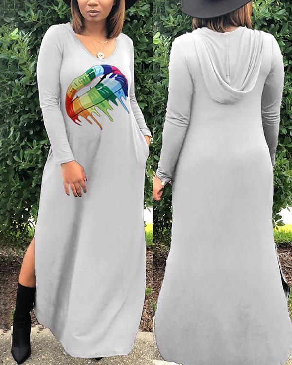Fashion Rainbow Lips Offset Printed Hat Dress with Two Sides Splits