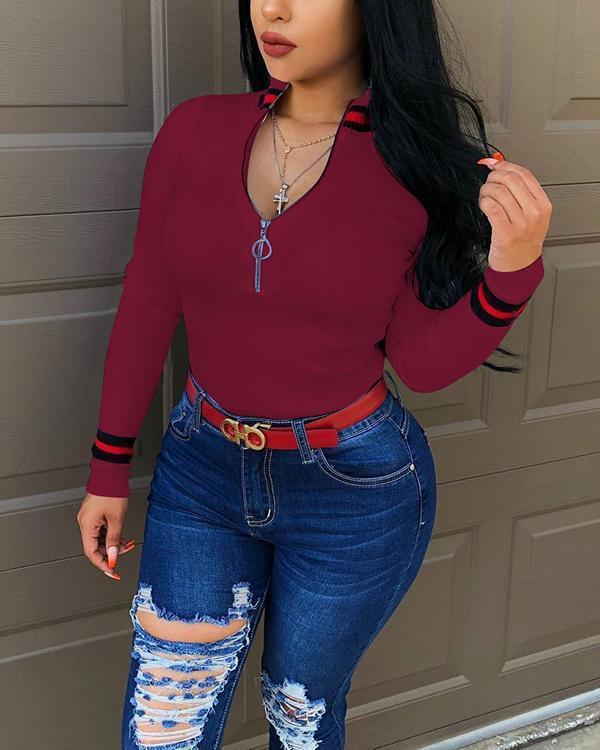 Striped Half High Neck Zipper Pit Striped Tops