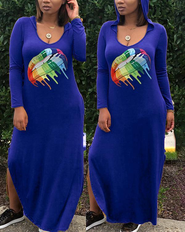 Fashion Rainbow Lips Offset Printed Hat Dress with Two Sides Splits