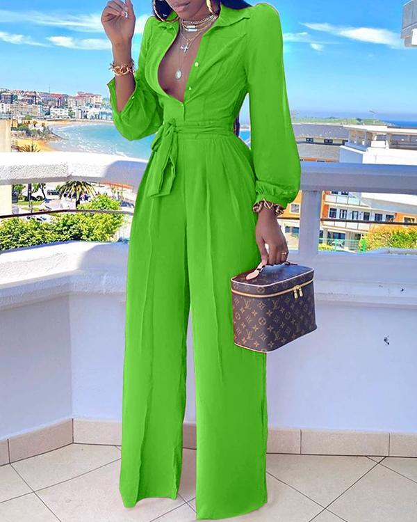 Button Up Puff Sleeve Belted Jumpsuit