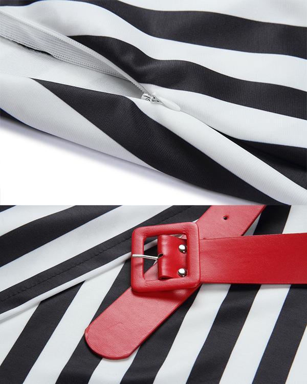 Striped Stitching Midi Dress with Belt
