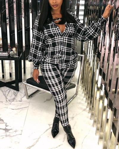 Turndown Collar Grid Print Black Plus Size Two-piece Pants Set