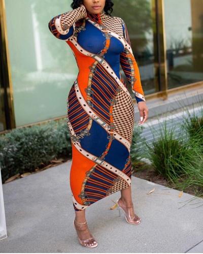Long Sleeve Printed Bodycon Maxi Dress