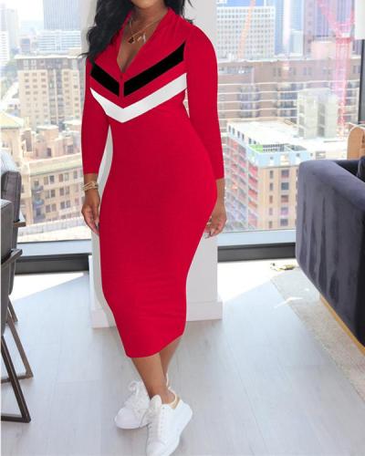 Stripe Splicing Zipper Midi Dress
