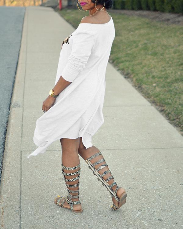 Fashion Sexy Sloping Shoulder Personality Printing Irregular Dress