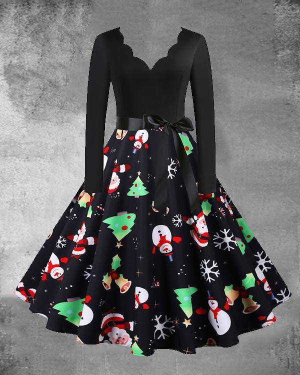 Christmas Print V-Neck Long Sleeved Midi Dress with Waistband(8 Patterns)