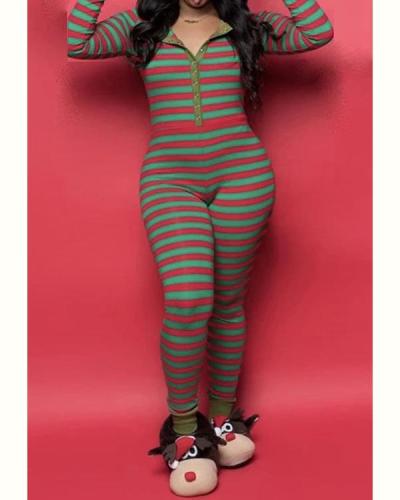 Christmas Print Striped Long Sleeve Jumpsuit