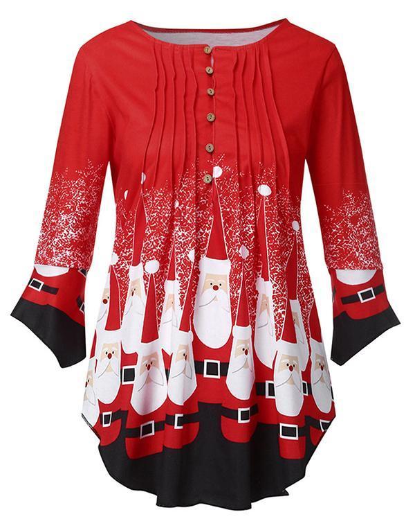 Plus Size Christmas Print Crinkle Chest Blouse