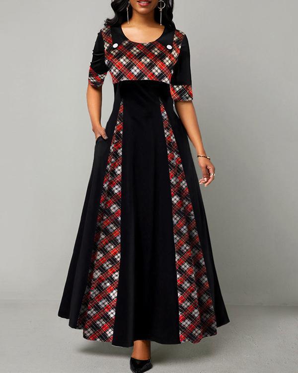 Round Neck Mid-length Sleeve Plaid Print Color Block Dress
