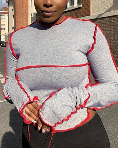 Contrasting Color Round Neck Long Sleeve Plus Size T-shirt